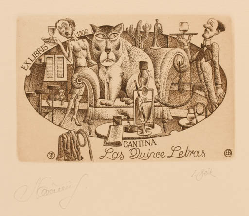 Exlibris by Galina Lwowa og Erhard Beitz from Germany for Cantina Las Duince Letras - Cat Food Couple Wine 
