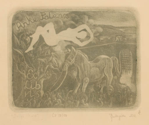 Exlibris by Arnieszka Borowska from Poland for Anke Polenz - Flora Group Horse Woman Scenery/Landscape Mythology Nude 