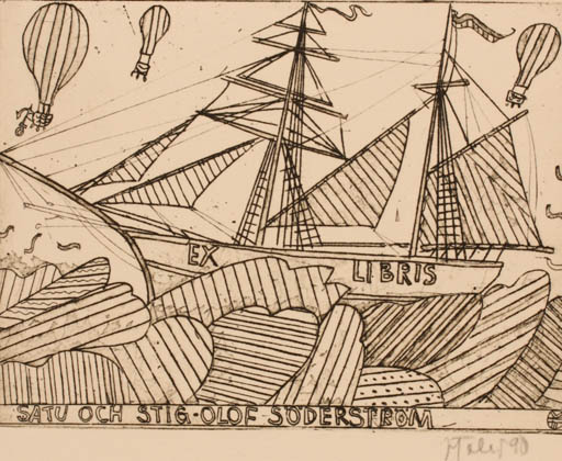 Exlibris by Vive Tolli from Estonia for atu och Stig-Olof Söderström - Ship/Boat 