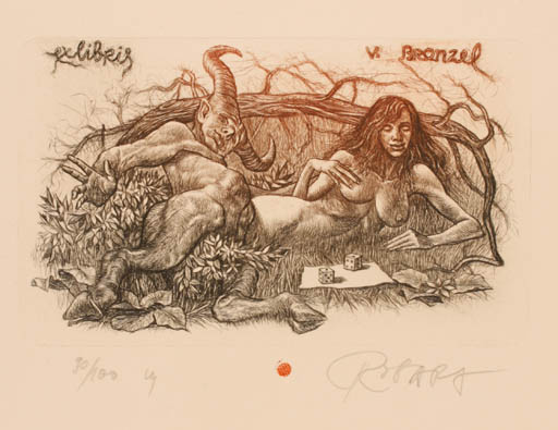 Exlibris by Robert Evgeny Baramov from Bulgaria for Volker Bronzel - Fable Animal Woman Pan/Faun 