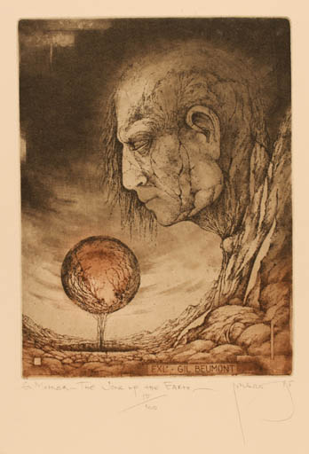 Exlibris by Zdenek Bugan from Slovak Republic for Gil Beumont - Mountain Globe Man Portrait 