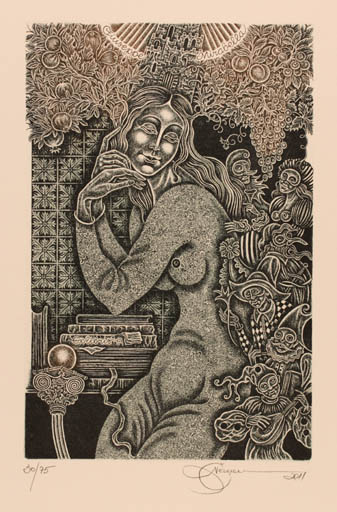 Exlibris by Natalija Chernetsova from Latvia for Giuseppe Mirabella - Woman Nude 