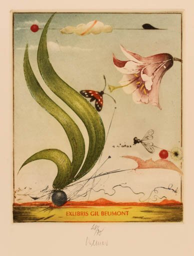 Exlibris by Josef Werner from Germany for Gil Beumont - Flower Insect Butterfly 