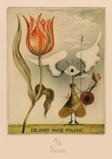 Exlibris by Josef Werner from Germany for Anke Polenz - Flower Woman Music Surrealism 