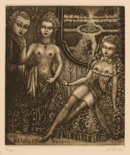 Exlibris by Patricia Nik-Dad from France for Gil Beumont - Erotica Flora Woman Man 