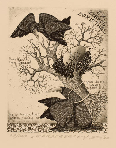 Exlibris by Andrij Kens from Ukraine for Doris Thiel - Bird Tree 