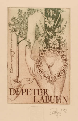 Exlibris by Olaf Gropp from Germany for Dr. Peter Labuhn - Flower Flora Fruit Hand(s) Woman Nude 