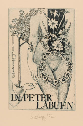 Exlibris by Olaf Gropp from Germany for Dr. Peter Labuhn - Flower Flora Fruit Woman Nude 