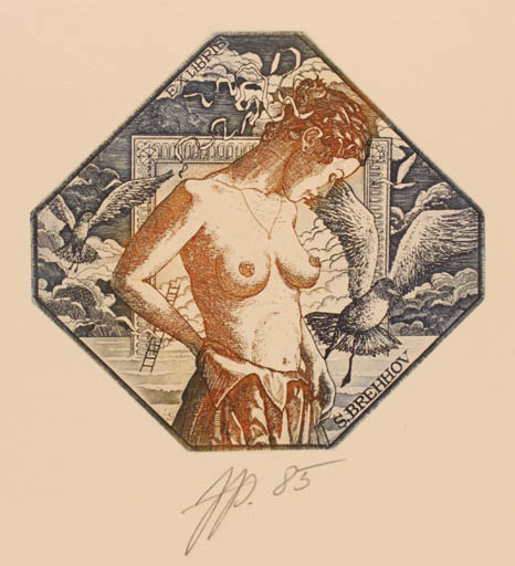 Exlibris by Olaf Gropp from Germany for Sergei Brehhov - Bird Woman 