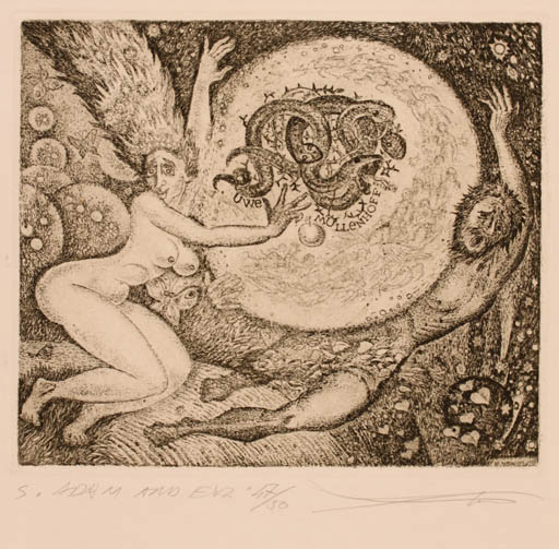 Exlibris by Vladimir Verechagin from Russia for Uwe Müllenhoff - Adam and Eve Cosmos 