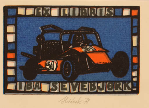 Exlibris by Jaroslav Horanek from Czech Republic for Iba Sevebjørk - Car Sport/game 