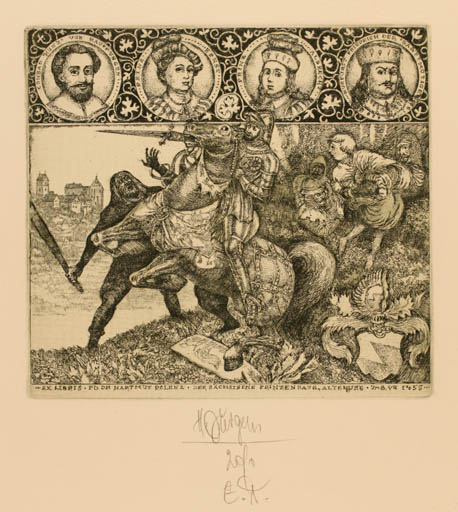 Exlibris by Harry Jürgens from Germany for Dr. Hartmut Polenz - Horse Regent/royalty Knight 