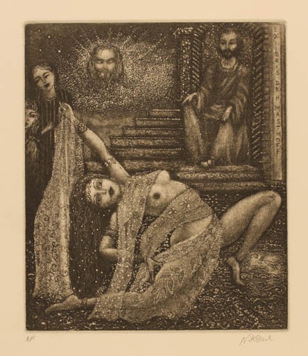 Exlibris by Patricia Nik-Dad from France for Dr. Horstfried Masthoff - Woman Man Religion 