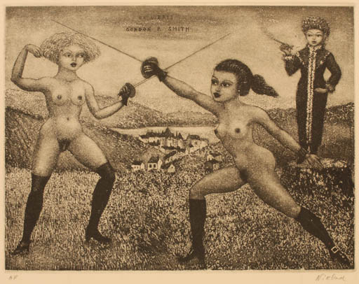 Exlibris by Patricia Nik-Dad from France for Gordon P. Smith - Mountain City Woman Nude Sport/game 