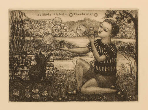 Exlibris by Patricia Nik-Dad from France for Elsbeth Rhonheimer - Child Fauna Cat 