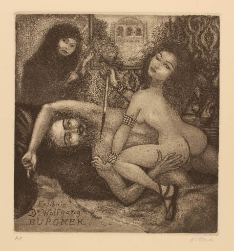 Exlibris by Patricia Nik-Dad from France for Wolfgang Burgmer - Death Erotica Woman Man 