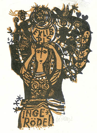 Exlibris by Lenke Diskay from Hungary for Inge Rödel - Bird Woman 