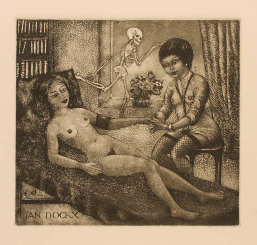 Exlibris by Patricia Nik-Dad from France for Jan Dockx - Flower Interior Woman Medicine Nude 