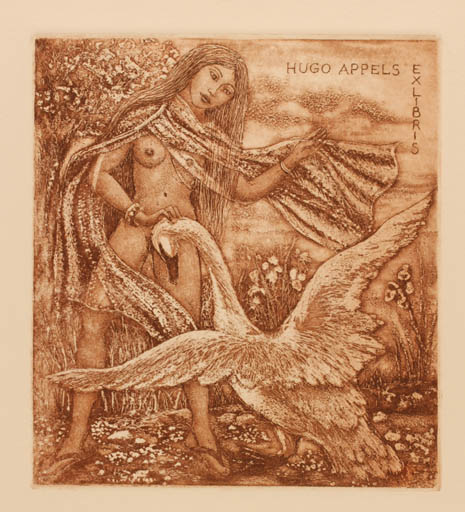 Exlibris by Patricia Nik-Dad from France for Hugo Appels - Flora Woman Leda and the Swan 