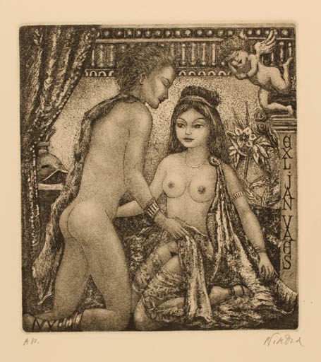 Exlibris by Patricia Nik-Dad from France for Jan Vaes - Flower Angel Erotica Woman Man 