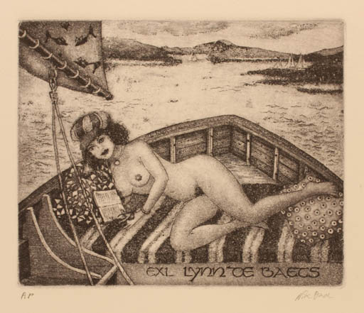 Exlibris by Patricia Nik-Dad from France for Lynn Baets - Book Nude Ship/Boat 