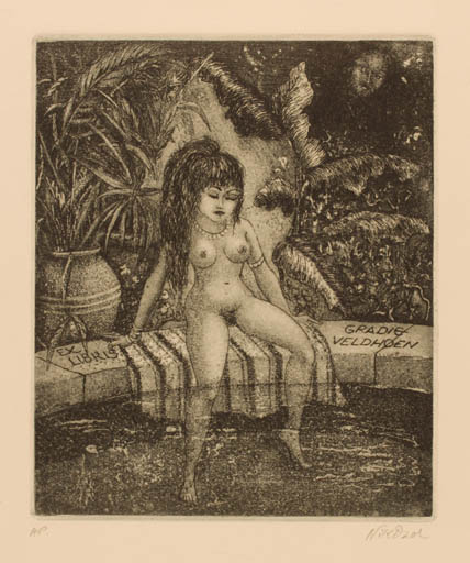 Exlibris by Patricia Nik-Dad from France for Gradie Veldhoen - Fauna Woman Man Nude 