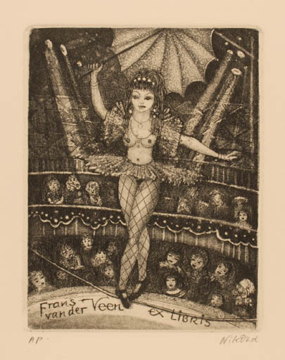 Exlibris by Patricia Nik-Dad from France for Frans van der Veen - Woman Theater/Cirkus 