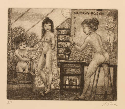 Exlibris by Patricia Nik-Dad from France for Murray Rosen - Interior Woman Nude Wine 