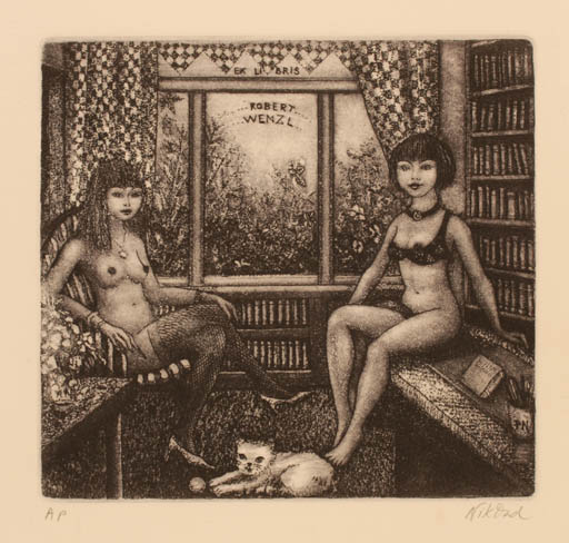 Exlibris by Patricia Nik-Dad from France for Robert Wenzl - Flower Interior Cat Woman Nude 