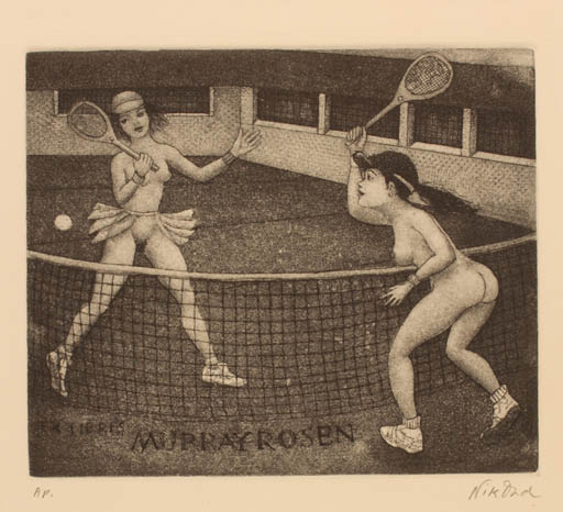 Exlibris by Patricia Nik-Dad from France for Murray Rosen - Woman Nude Sport/game 