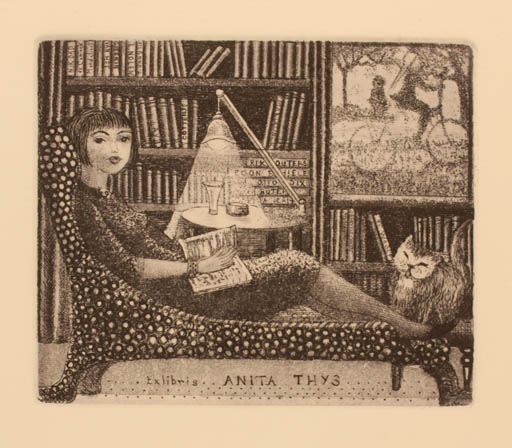 Exlibris by Patricia Nik-Dad from France for Anita Thys - Book Interior Cat Woman 