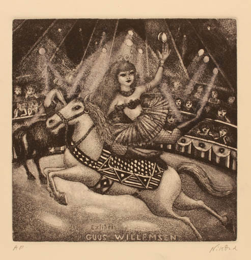 Exlibris by Patricia Nik-Dad from France for Guus Willemsen - Horse Woman Horseman/Rider Theater/Cirkus 