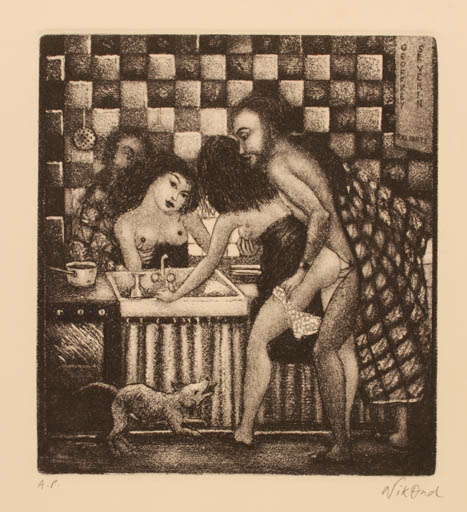 Exlibris by Patricia Nik-Dad from France for ? ? - Interior Erotica Dog Woman Man 