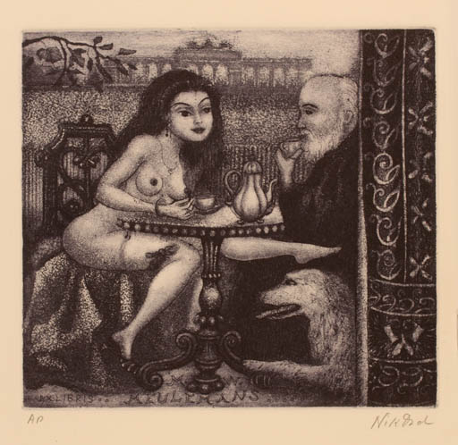 Exlibris by Patricia Nik-Dad from France for Miets Meulemans - Castle/Palace Interior Dog Woman Man Romance 