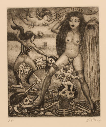 Exlibris by Patricia Nik-Dad from France for Dr. Norbert Hillerbrandt - Death Angel Woman Nude Butterfly 