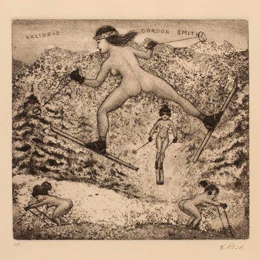 Exlibris by Patricia Nik-Dad from France for Gordon P. Smith - Mountain Woman Nude Sport/game 