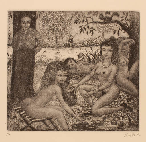 Exlibris by Patricia Nik-Dad from France for Gordon P. Smith - Fauna Woman Man Nude Wine 