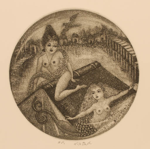 Exlibris by Patricia Nik-Dad from France for Gil Beumont - Book Mermaid Woman 