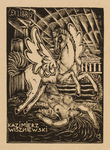 Exlibris by Stefan Mrozewski from Poland for Kazmierz Wiszniewski - Classical antiquity Woman Nude Pegasus 