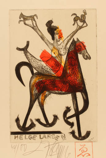 Exlibris by Leo Bednarik from Slovak Republic for Helge Larsen - Mermaid Horse 