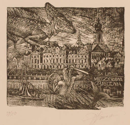 Exlibris by Hanna Glowacka from Poland for Mieczyslaw Bielen - Castle/Palace Ship/Boat 