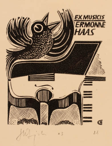 Exlibris by Henryk Grajek from Poland for Ermonne Haas - Ex Mucika Bird Music 