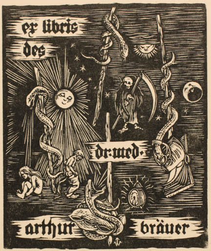 Exlibris by Waltraud Weissenbach from Austria for Dr. Arthur Bräuer - Death Cosmos Medicine 