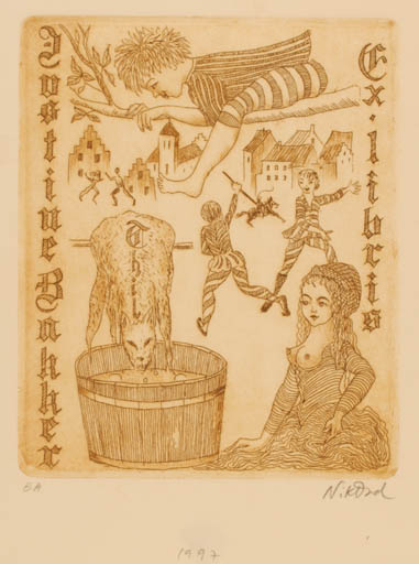 Exlibris by Patricia Nik-Dad from France for J. Bakker - Child City Woman 