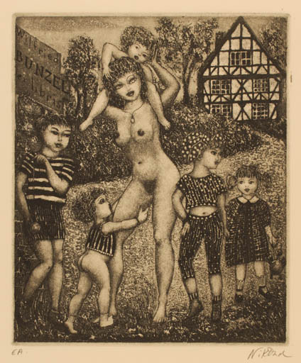 Exlibris by Patricia Nik-Dad from France for w. Bunzel - Child Woman Nude 