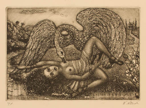 Exlibris by Patricia Nik-Dad from France for .B. Sigales - Leda and the Swan 