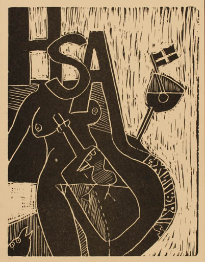 Exlibris by Erik Skjoldborg from Denmark for Hans Smith Andersen - Bird Woman Wine 