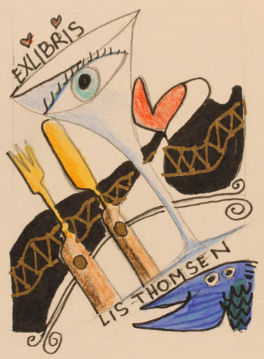 Exlibris by Erik Skjoldborg from Denmark for Lis Thomsen - Fish Wine 