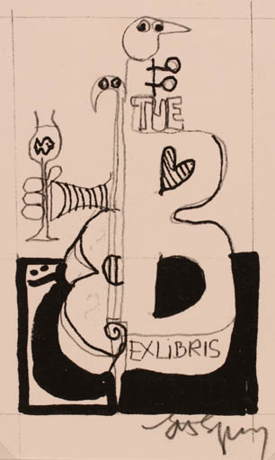 Exlibris by Erik Skjoldborg from Denmark for Tue B - Music Wine 