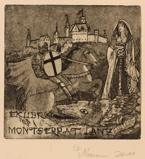 Exlibris by Marlene Neumann from Germany for Montserrat Lanz - Castle/Palace Drama Knight Sct.G. and the Dragon 